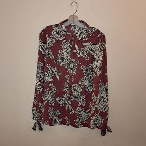 Just Fab Button Up Top Women's Medium M Dark Red Floral Career Office Formal